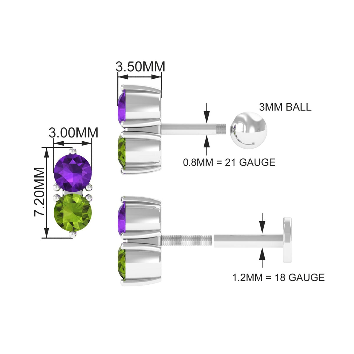 Real Amethyst and Peridot Two Stone Helix Earring