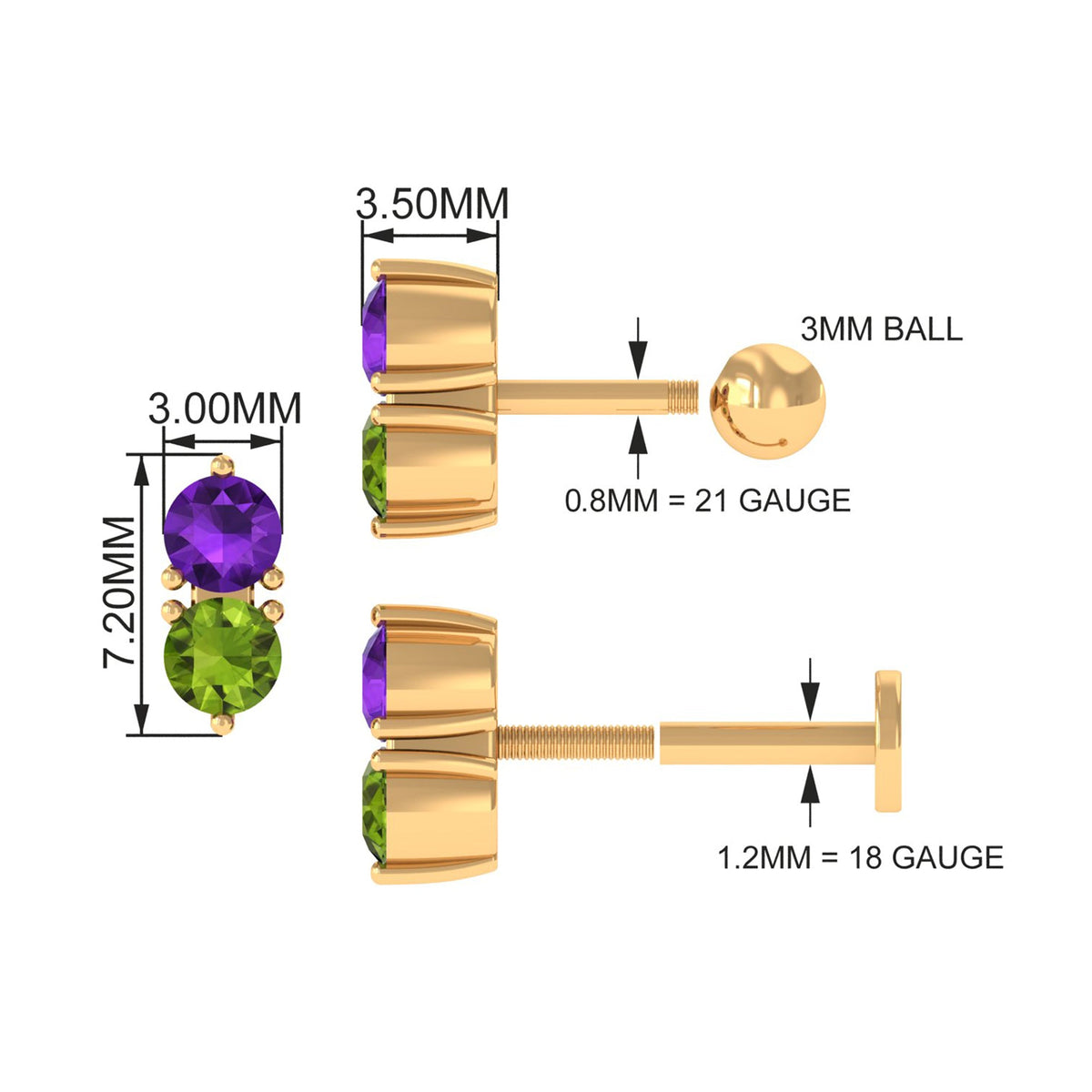 Real Amethyst and Peridot Two Stone Helix Earring