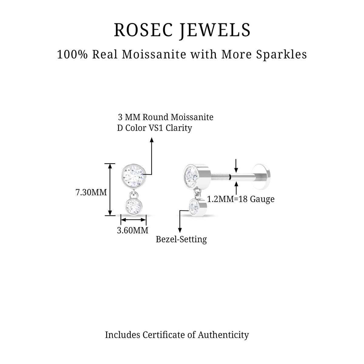 Bezel Set Round Moissanite Helix Drop Earring