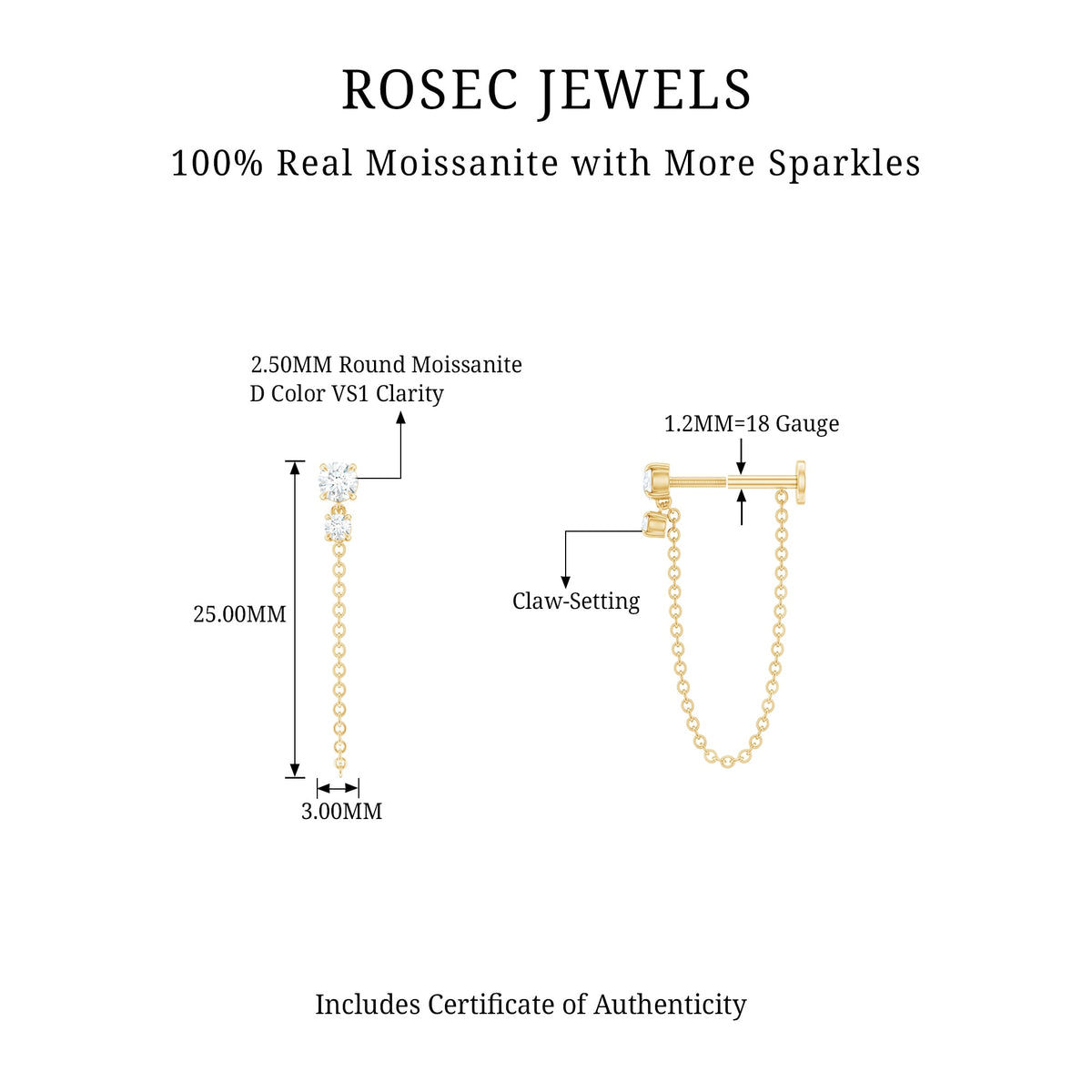 Round Moissanite Chain Drop Earring for Cartilage Piercing