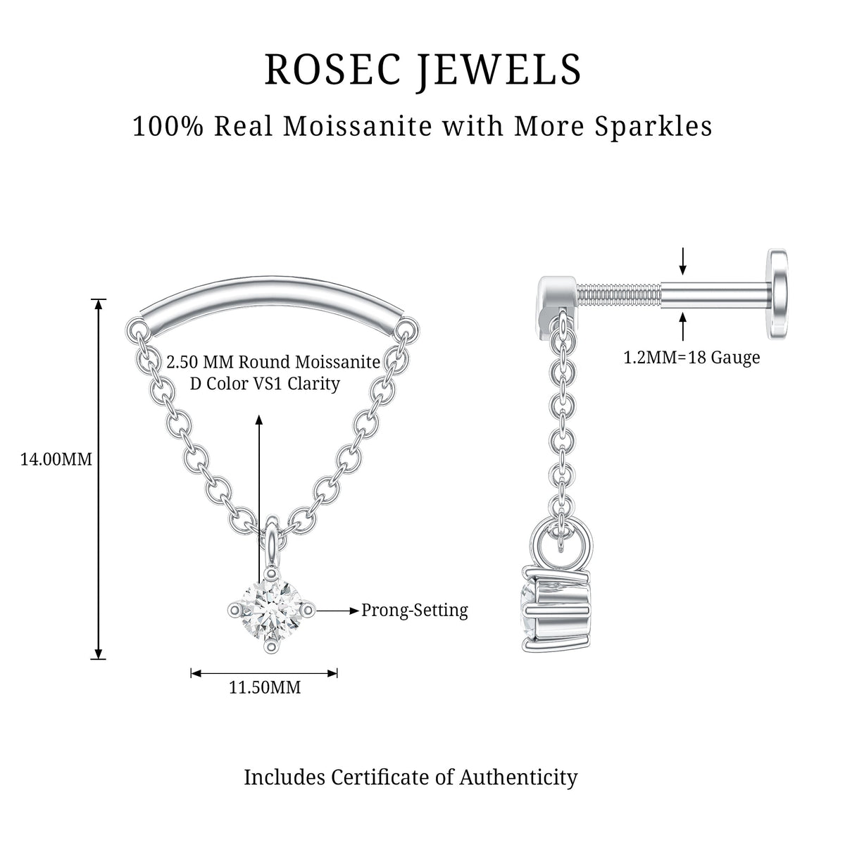 Curved Bar and Moissanite Chain Earring for Helix Piercing