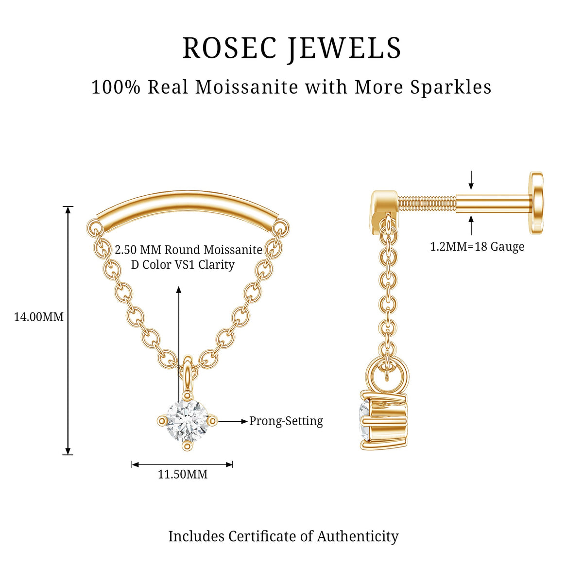 Curved Bar and Moissanite Chain Earring for Helix Piercing