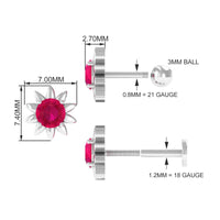 Red Ruby Flower Earring for Cartilage Piercing