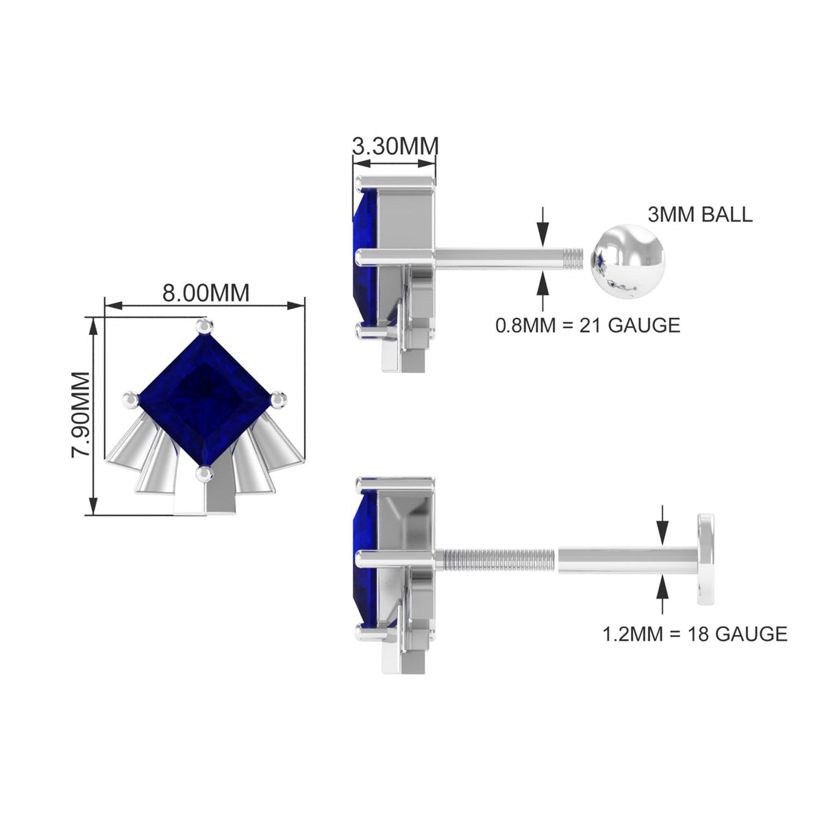 Real Blue Sapphire Solitaire Cartilage Earring