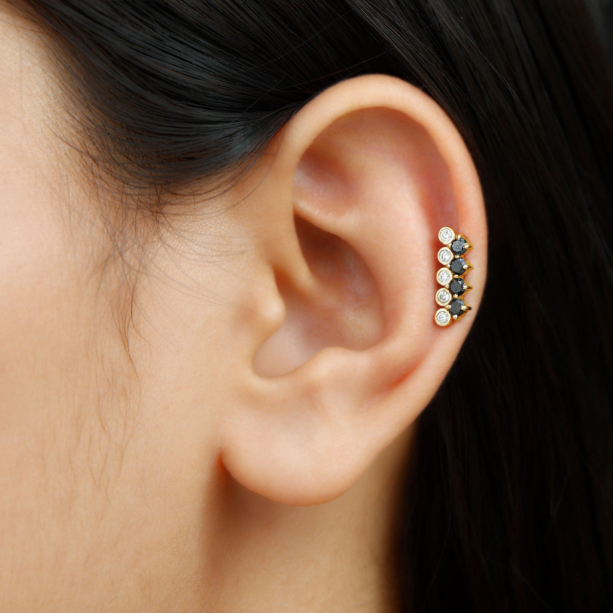 Minimal Black Onyx and Diamond Bar Cartilage Earring