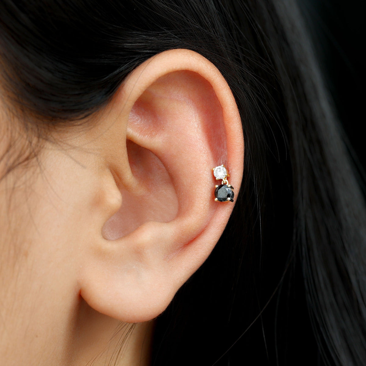 Round Black Onyx and Diamond Helix Drop Earring