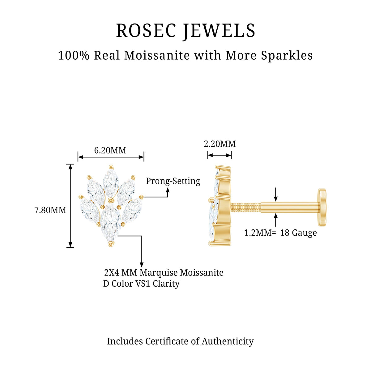 Marquise Moissanite Cluster Leaf Earring for Cartilage Piercing