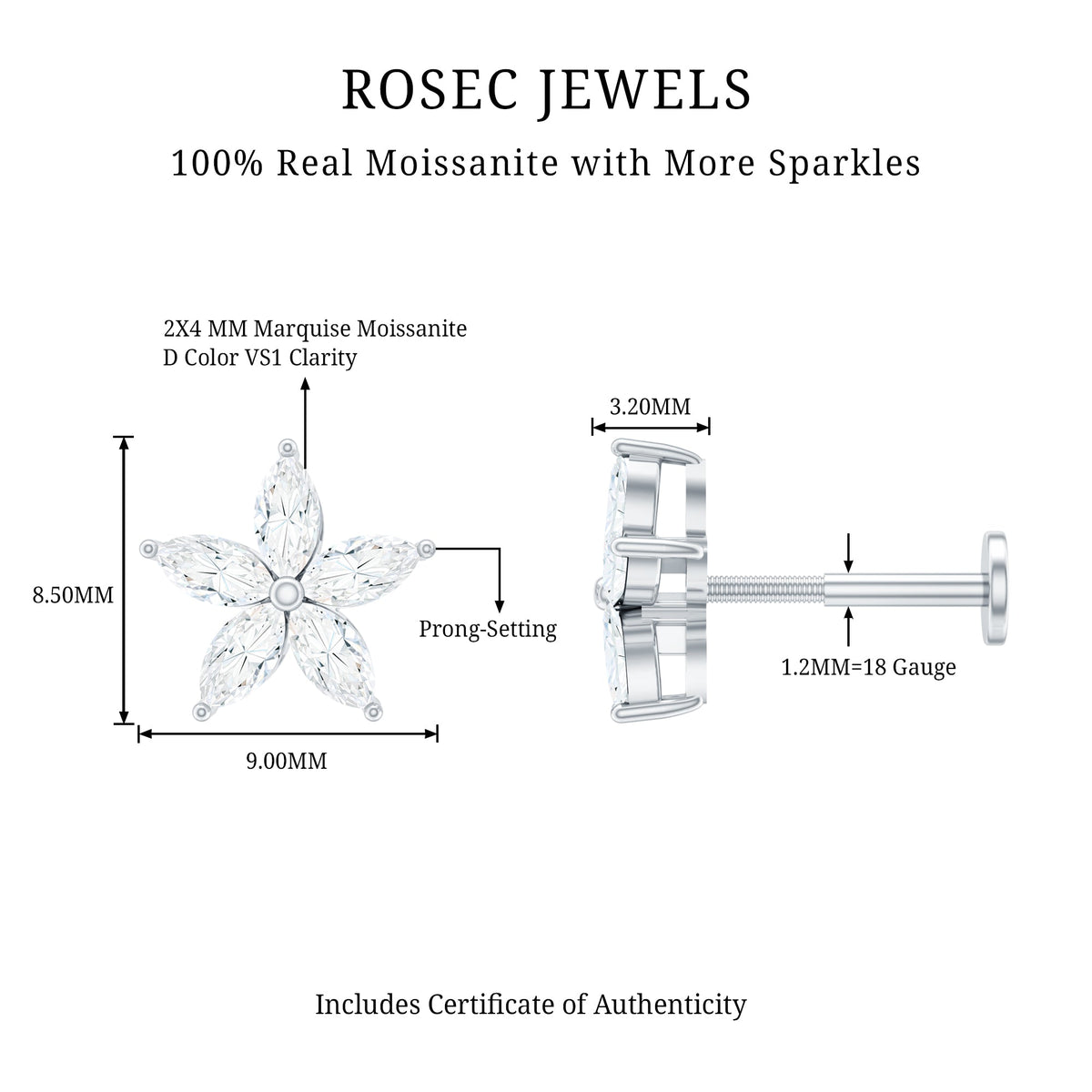 Marquise Cut Moissanite Floral Earring for Cartilage Piercing