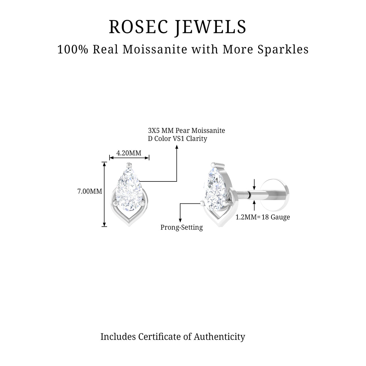 3X5MM Pear Shape Moissanite Solitaire Cartilage Earring