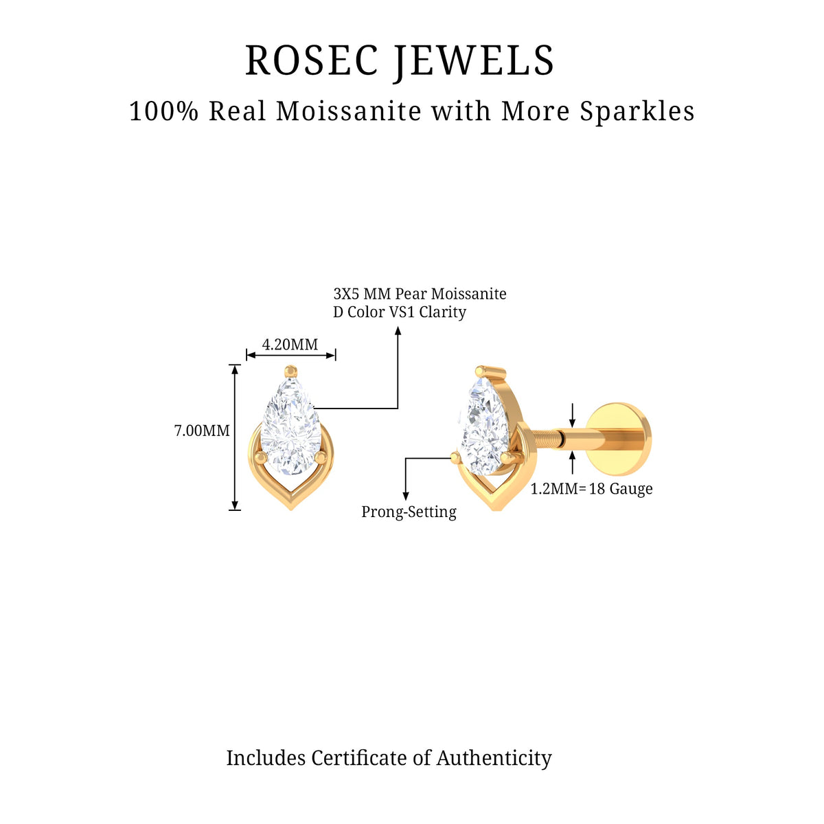 3X5MM Pear Shape Moissanite Solitaire Cartilage Earring