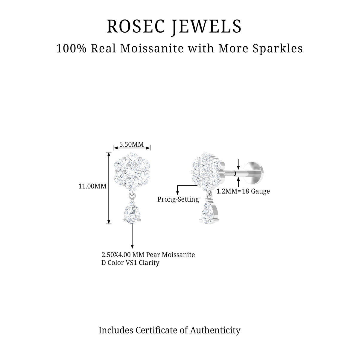 Moissanite Floral Drop Earring for Helix Piercing