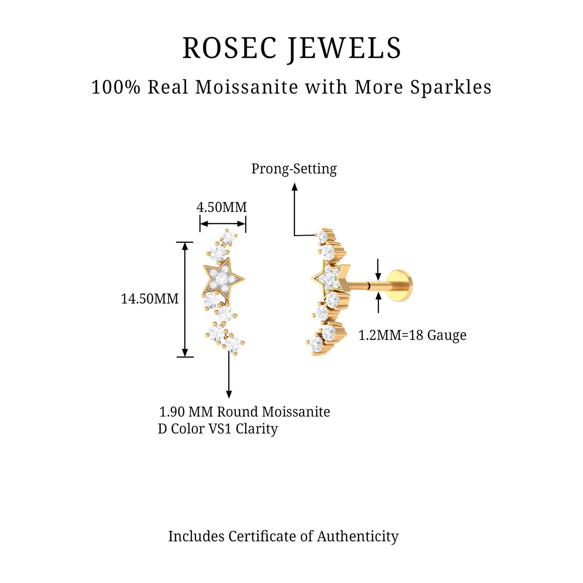Moissanite Star Crawler Earring for Helix Piercing