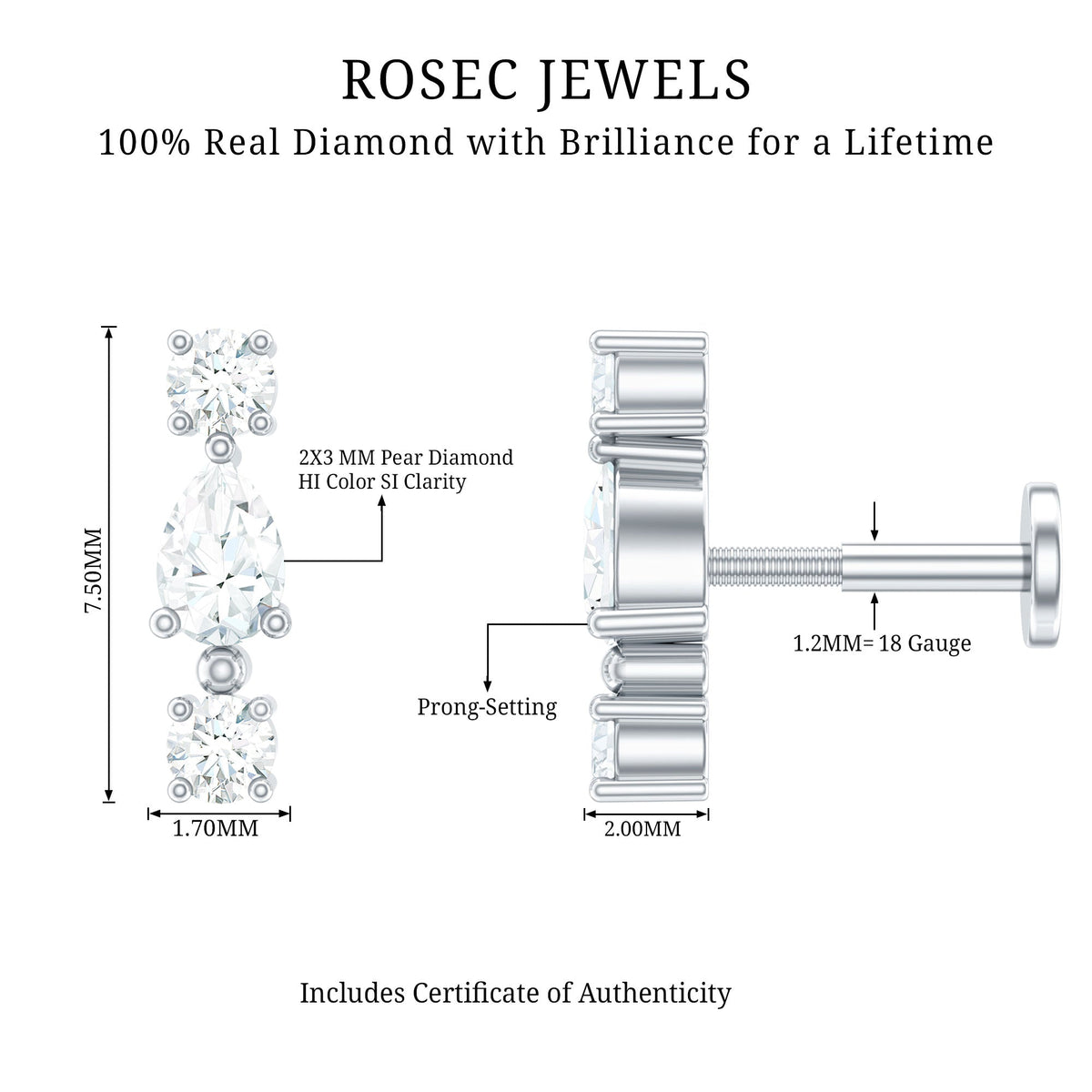 Natural Three Diamond Cartilage Earring with Flat Back