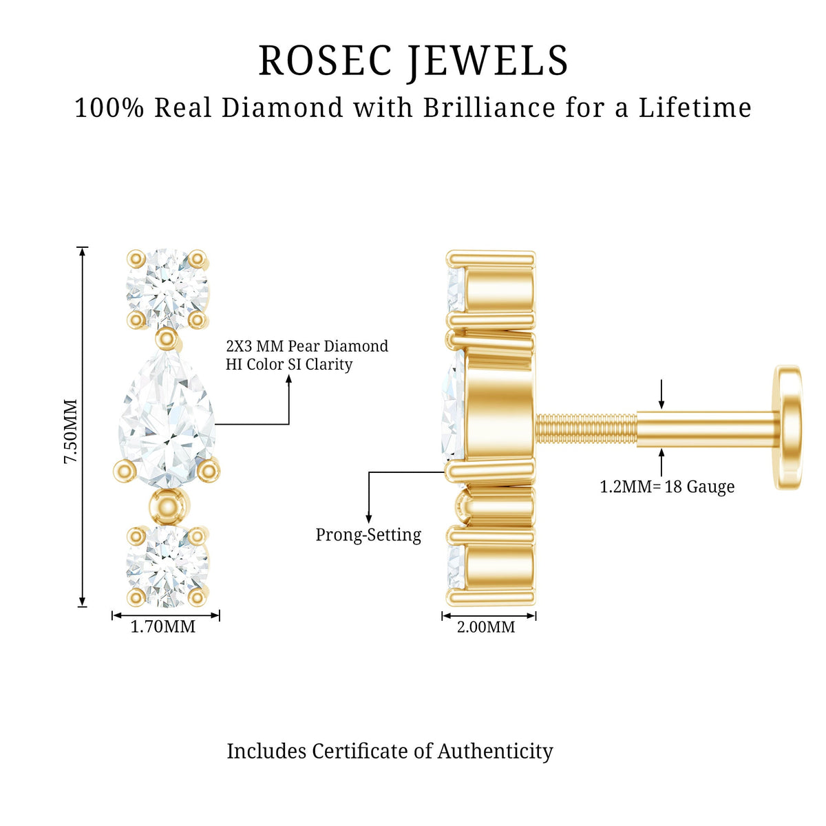 Natural Three Diamond Cartilage Earring with Flat Back