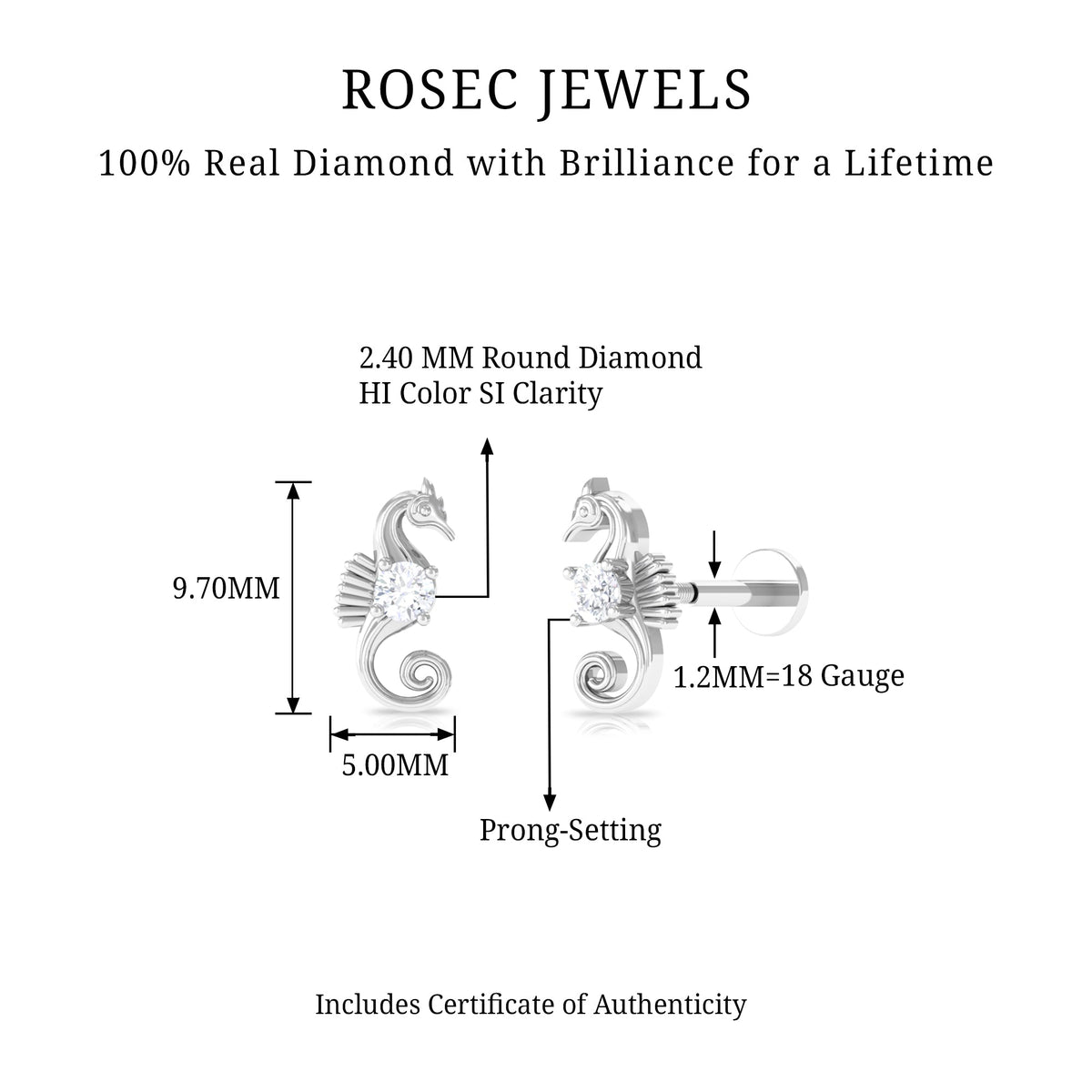 Real Diamond Cute Sea Horse Earring for Helix Piercing