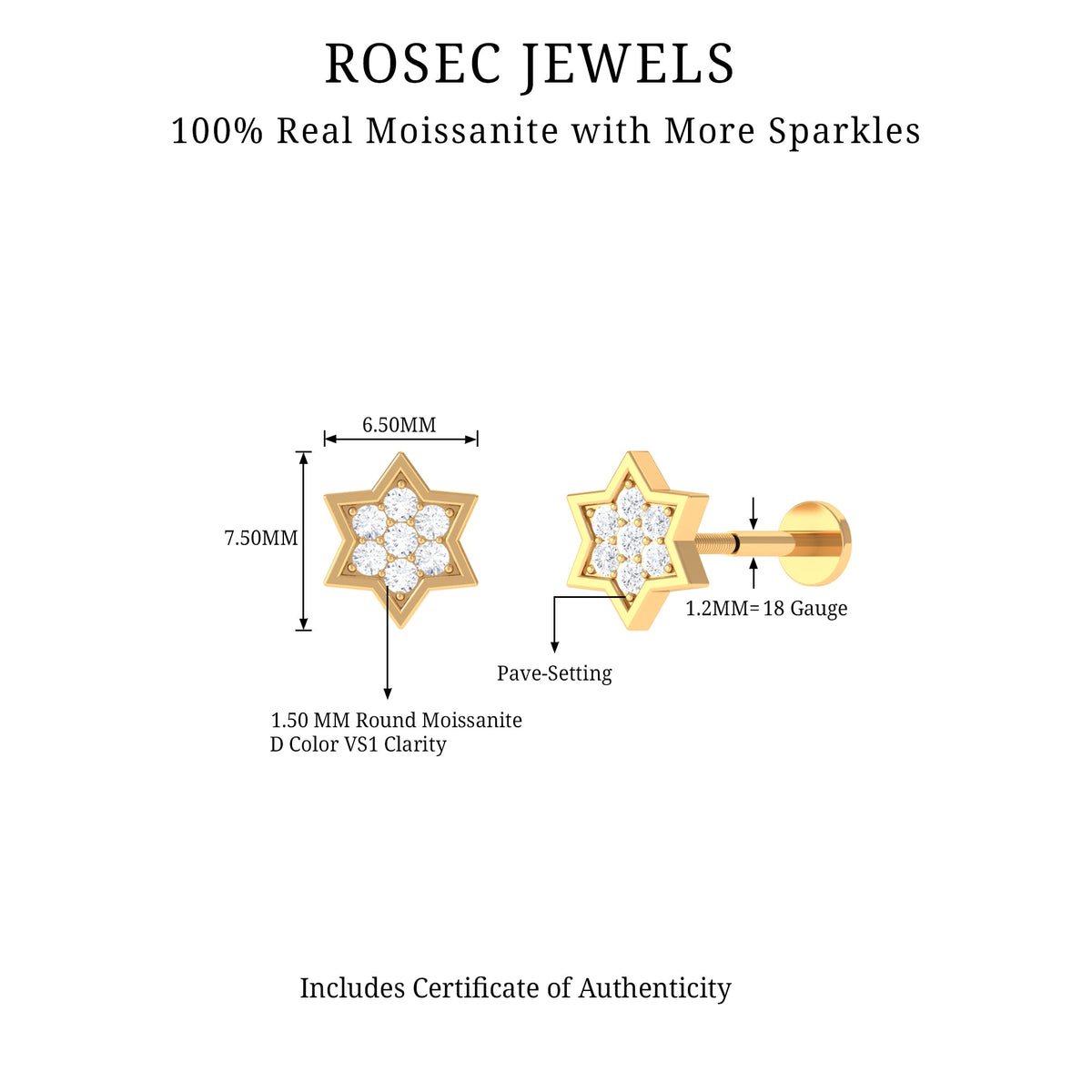Round Moissanite Star Earring for Cartilage Piercing
