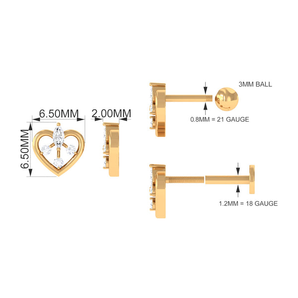 Genuine diamond heart cartilage earring by Rosec Jewels, body jewelry with a sparkling diamond heart design for cartilage piercing.