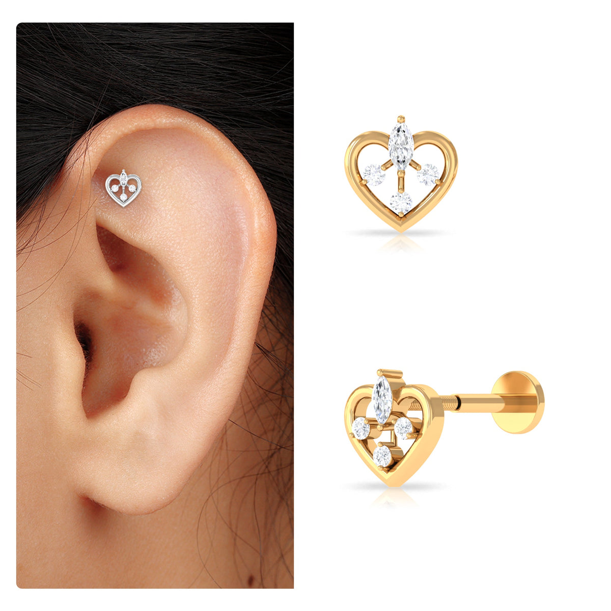 Genuine Diamond Heart Earring for Cartilage Piercing