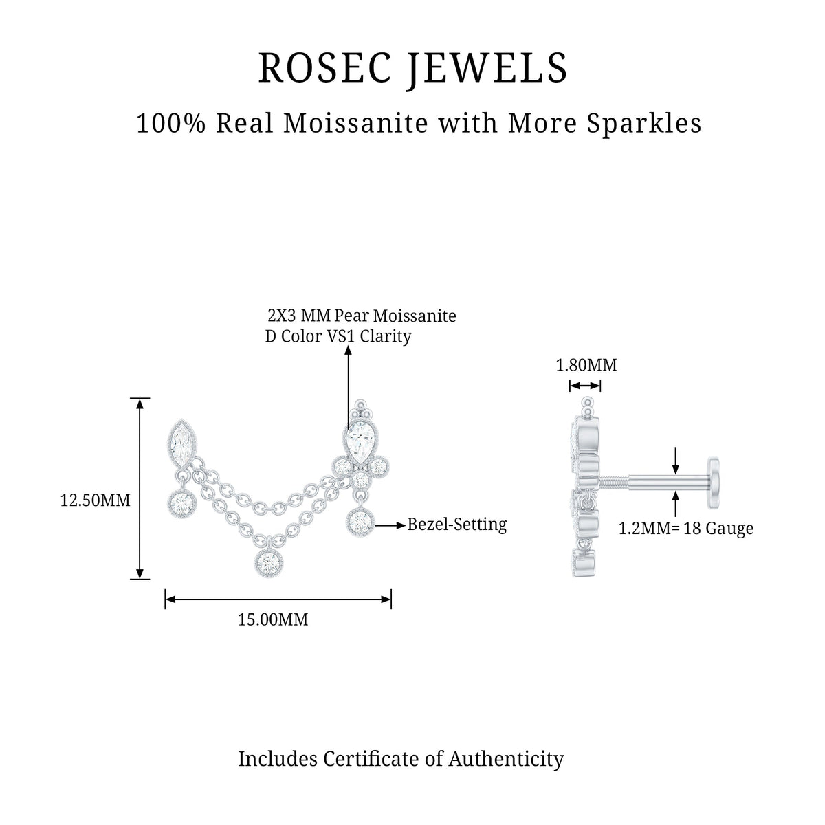 Certified Moissanite Double Chain Earring for Helix Piercing
