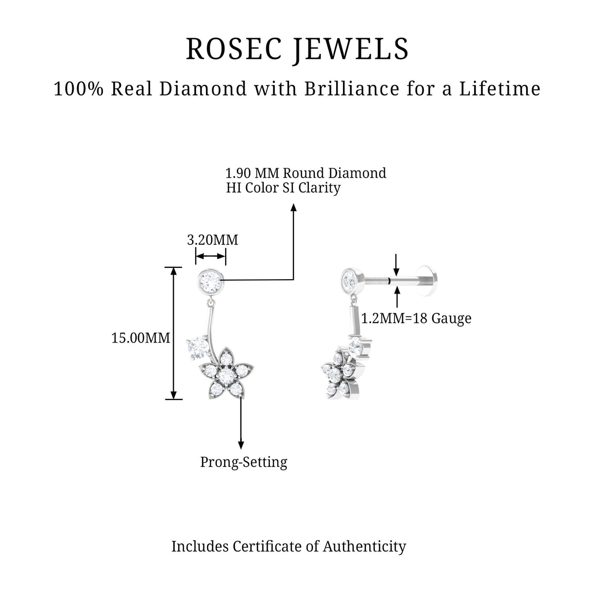 Diamond Floral Drop Earring for Cartilage Piercing