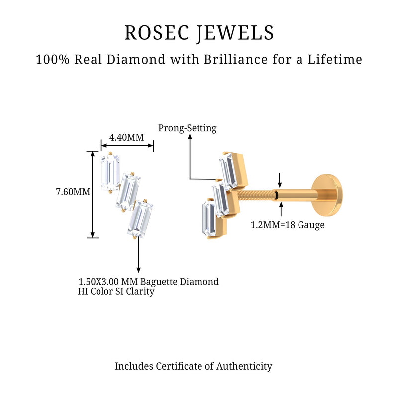 Rosec Jewels Baguette Diamond three-stone helix piercing earring in body jewelry style with sparkling gemstones.
