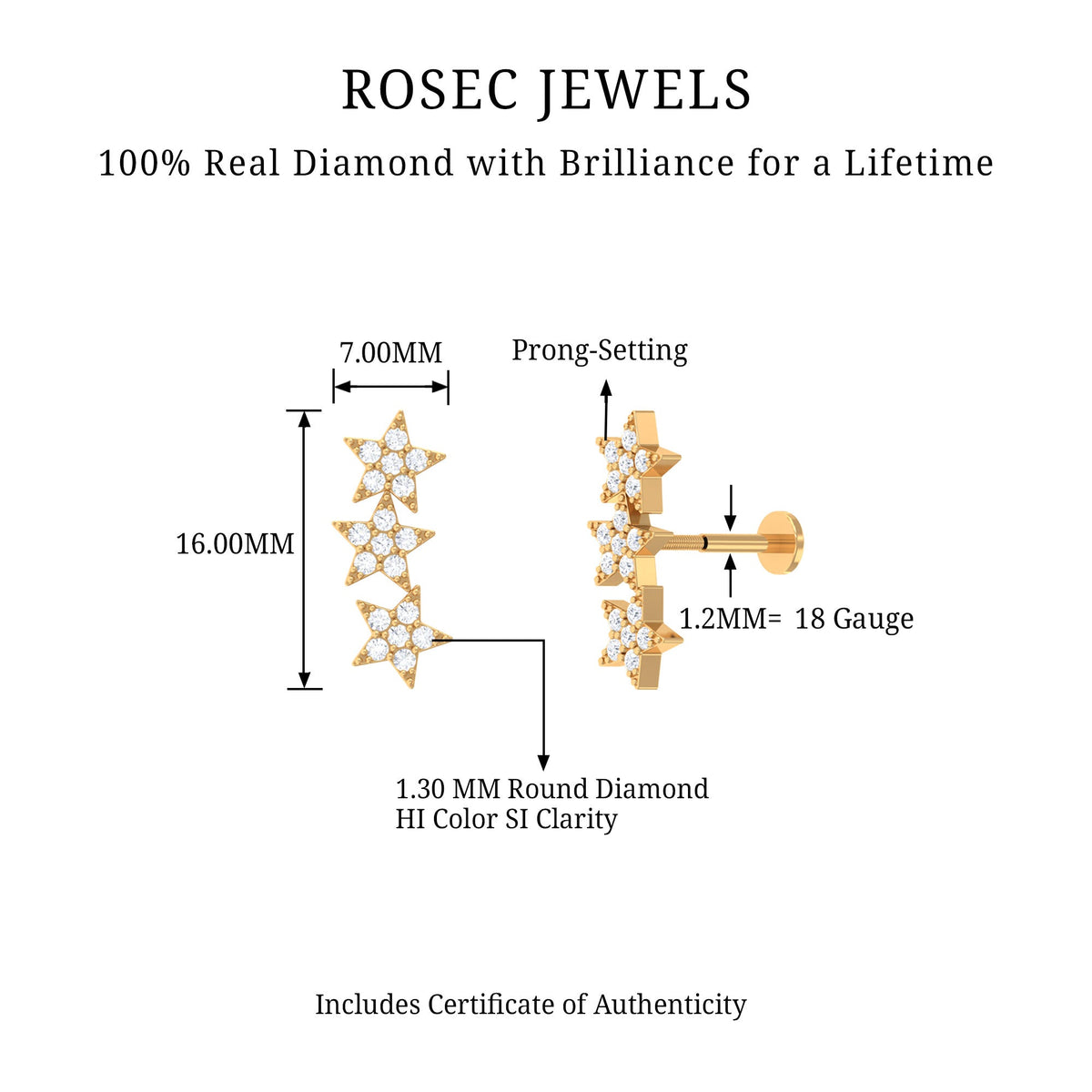 Diamond 3 Star Crawler Earring for Cartilage Piercing
