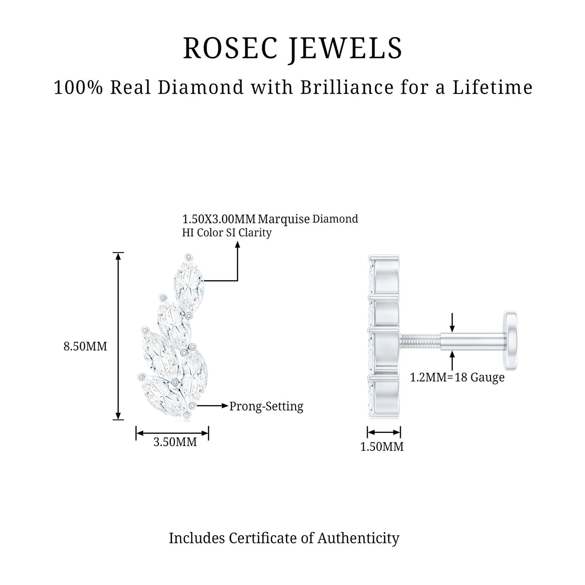 Marquise Diamond Leaf Cluster Earring for Helix Piercing