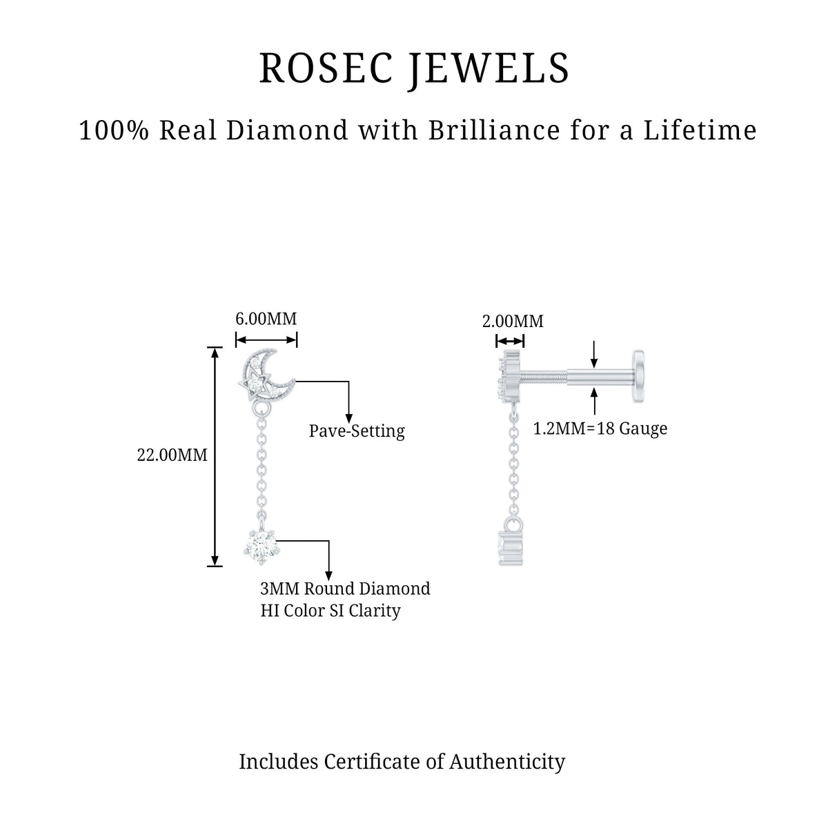 Diamond Moon Chain Earring for Helix Piercing
