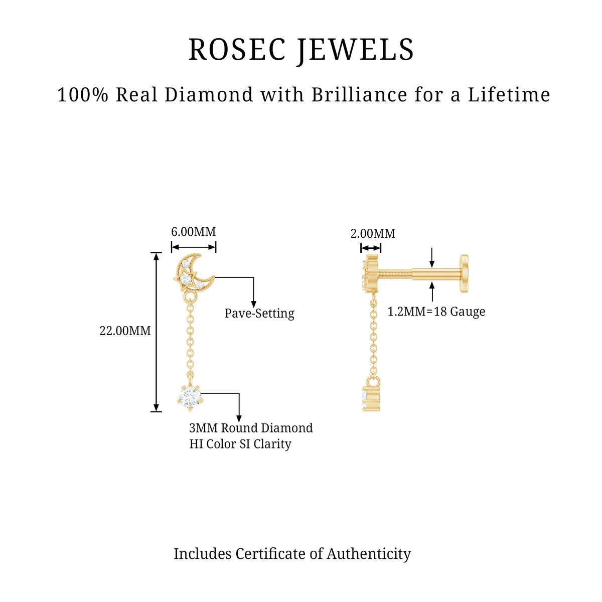 Diamond Moon Chain Earring for Helix Piercing