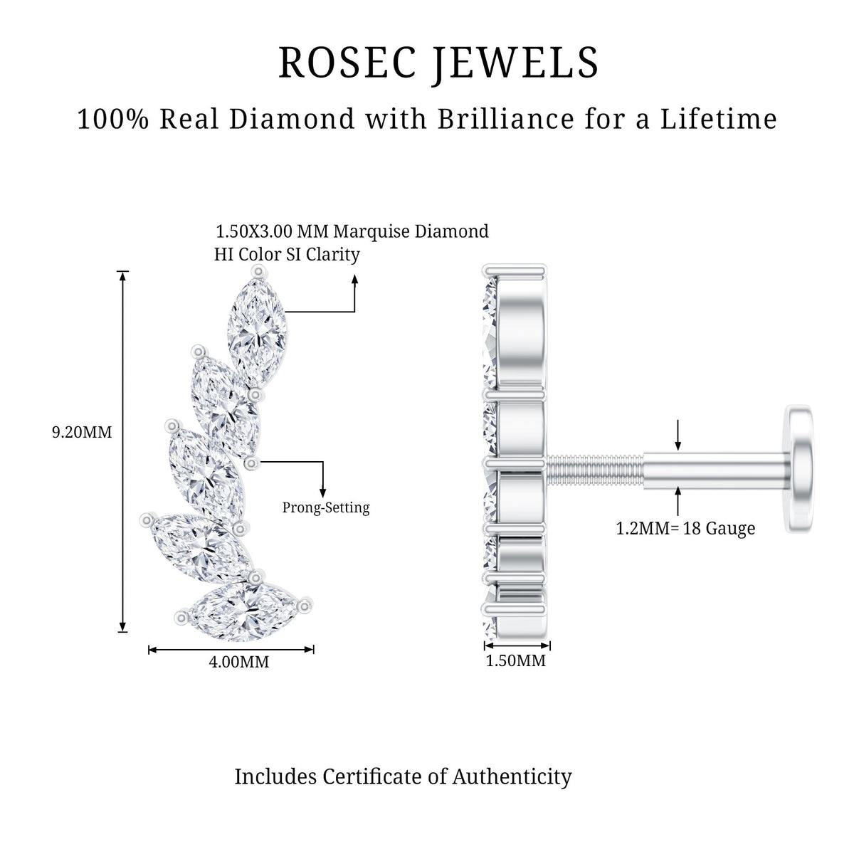 Marquise diamond crawler earring for helix piercing, body jewelry by Rosec Jewels featuring sparkling diamond design
