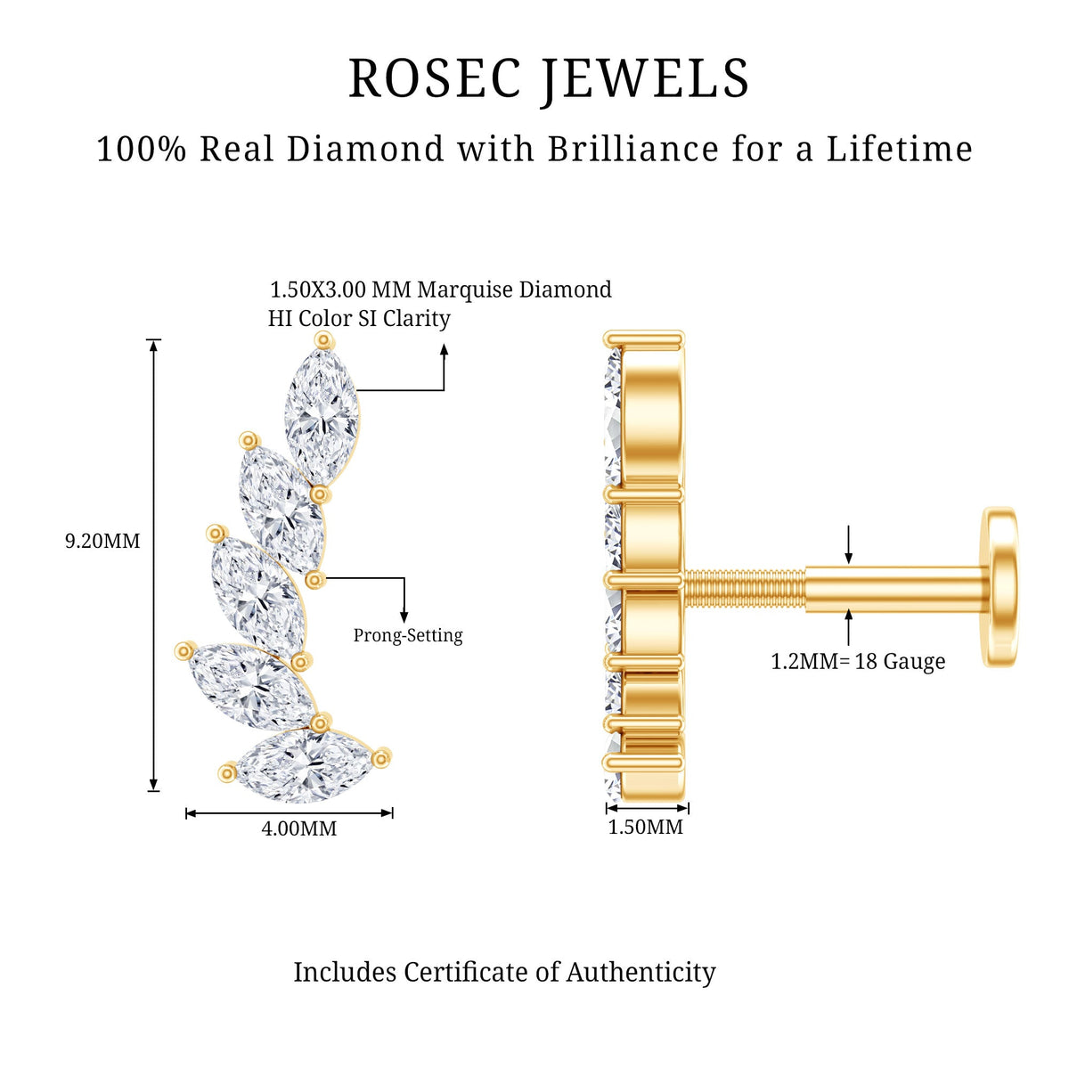 Marquise diamond crawler earring by Rosec Jewels, designed for helix piercing, featuring sparkling diamonds and elegant body jewelry style.