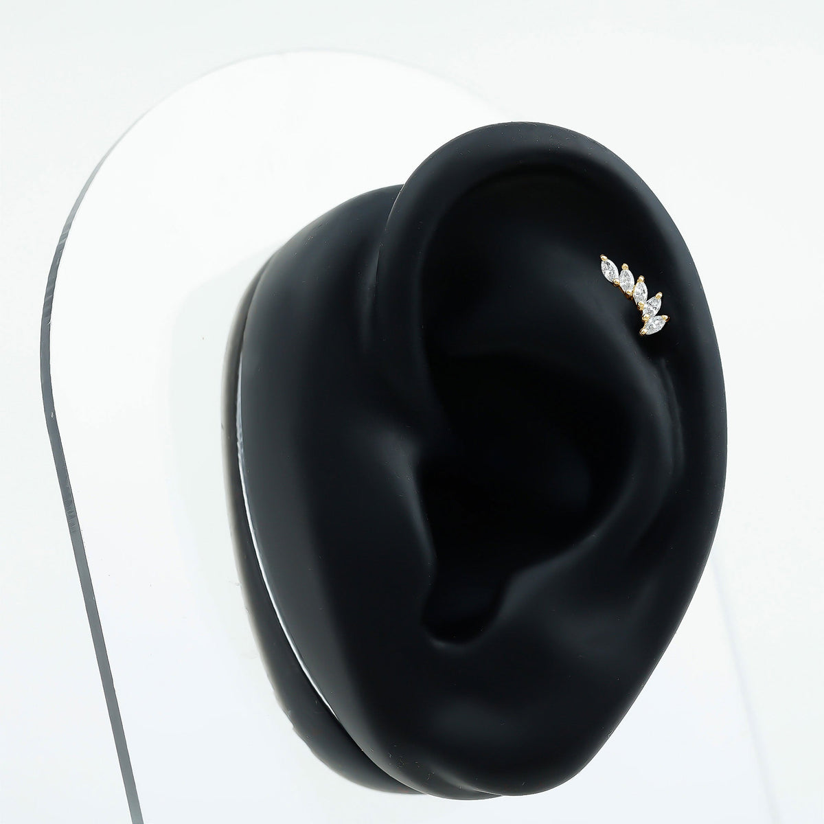 Marquise diamond crawler earring by Rosec Jewels for helix piercing, featuring sparkling marquise-shaped diamonds in body jewelry style.