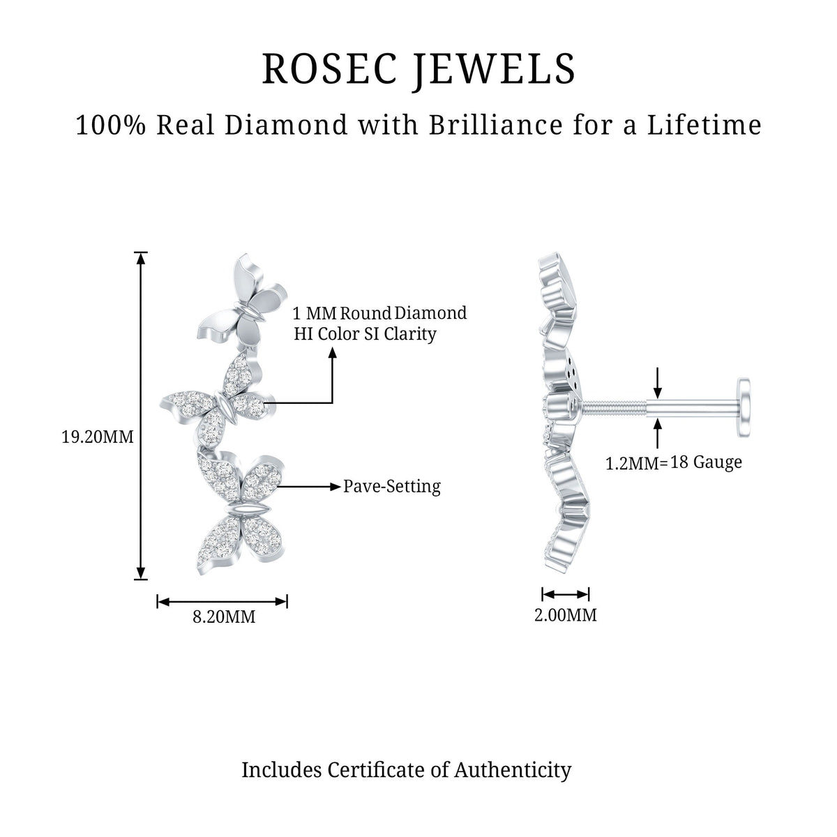 Diamond Butterfly Crawler Earring for Helix Piercing