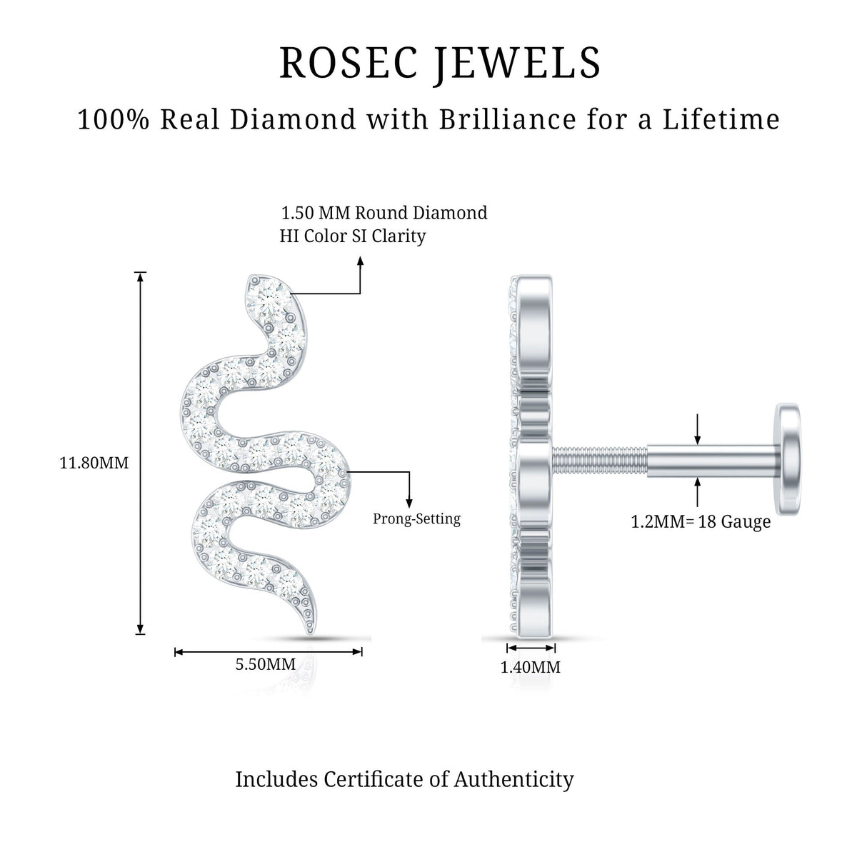 Certified Diamond Snake Earring for Cartilage Piercing