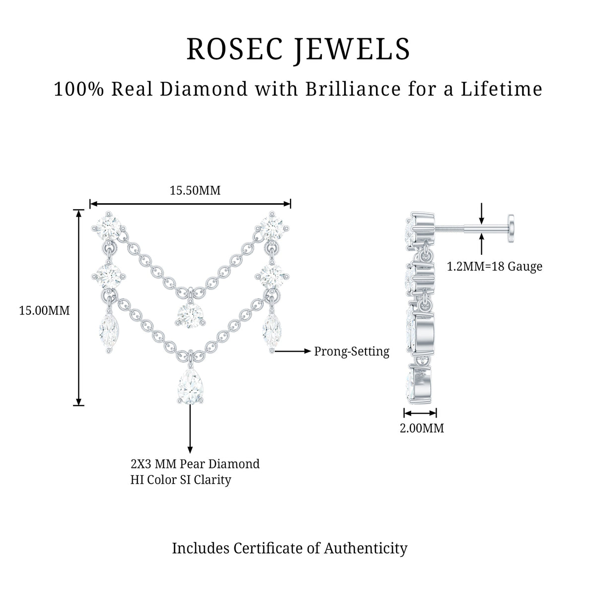 Real Diamond Double Chain Earring for Cartilage Piercing