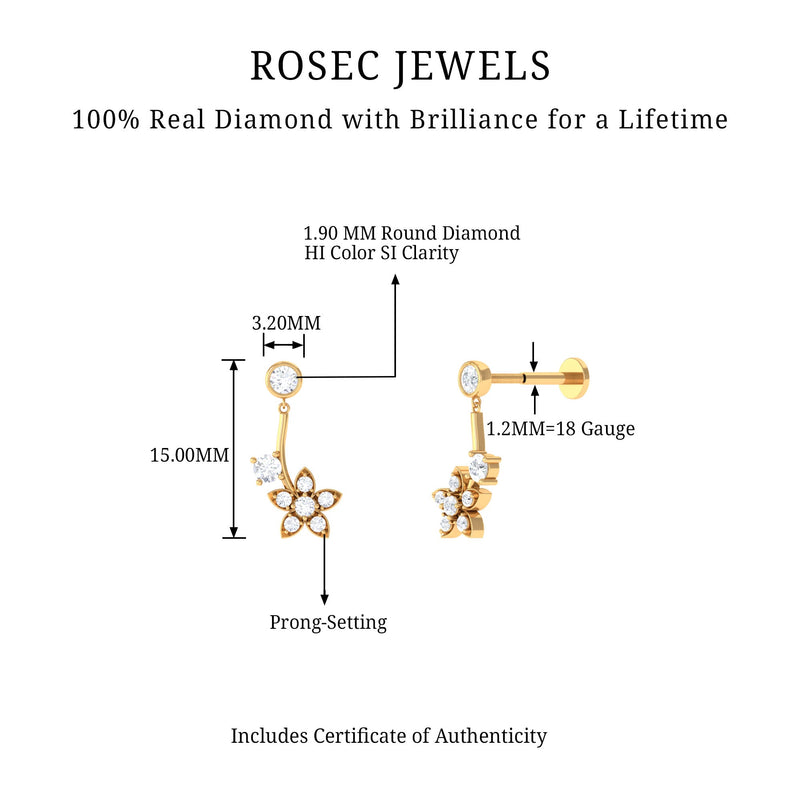 Diamond floral drop earring by Rosec Jewels, body jewelry designed for cartilage piercing, featuring a delicate floral and diamond motif.
