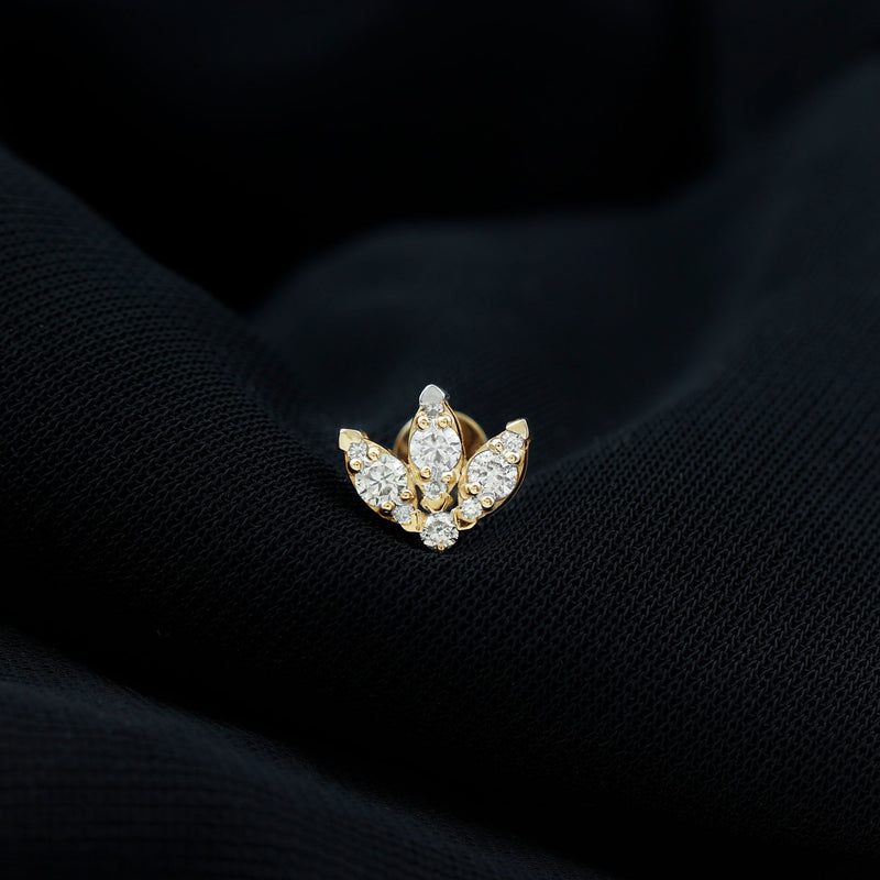 Certified diamond lotus flower earring with flat back, rose gold body jewelry from Rosec Jewels, elegant and sparkling accessory.