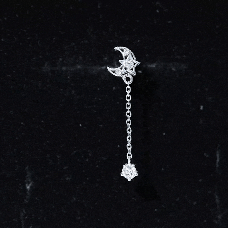 Yellow diamond moon chain earring for helix piercing by Rosec Jewels, body jewelry featuring a delicate moon and chain design.