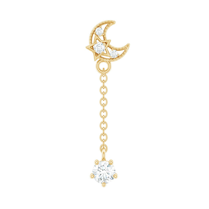 Rosec Jewels diamond moon chain earring for helix piercing, body jewelry with a delicate moon and chain design.