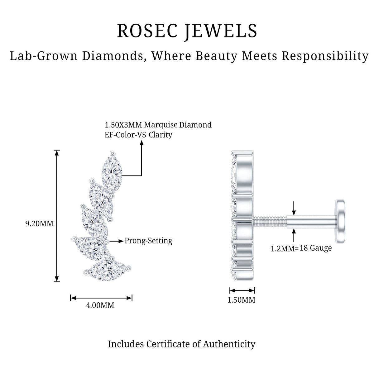 Marquise diamond crawler earring by Rosec Jewels, body jewelry designed for helix piercing, featuring sparkling marquise-shaped diamonds.