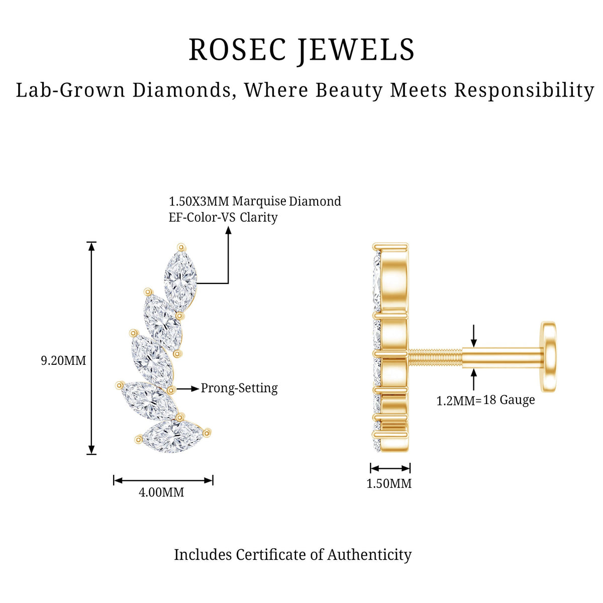 Marquise diamond crawler earring for helix piercing, Rosec Jewels body jewelry featuring sparkling diamond design.