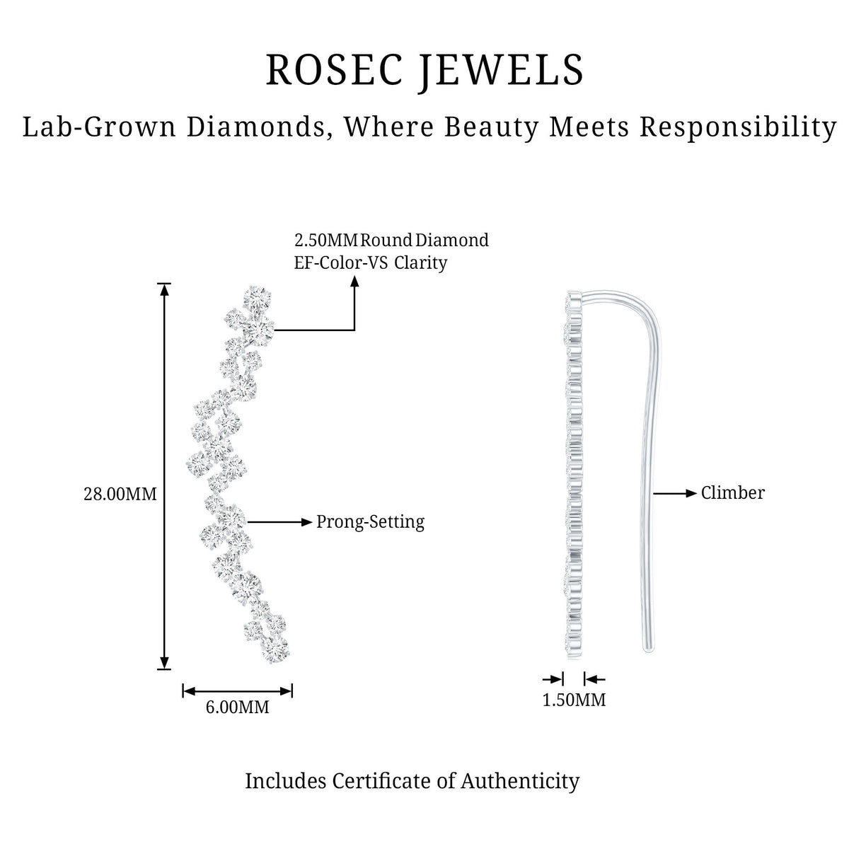 Diamond cluster climber earring for helix piercing by Rosec Jewels, featuring sparkling diamond accents in body jewelry style.