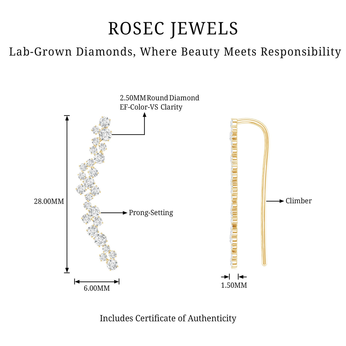 Diamond cluster climber earring for helix piercing by Rosec Jewels, featuring sparkling diamond accents in body jewelry style.