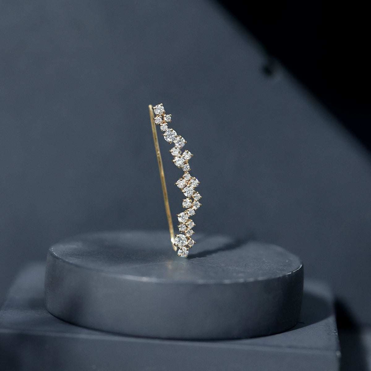 Rosec Jewels diamond cluster climber earring for helix piercing, showcasing sparkling body jewelry with intricate design.