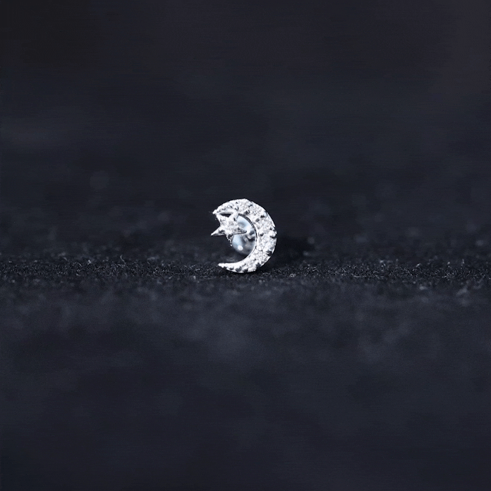 Yellow certified diamond crescent moon helix earring with star from Rosec Jewels, body jewelry featuring sparkling gemstones and celestial design.
