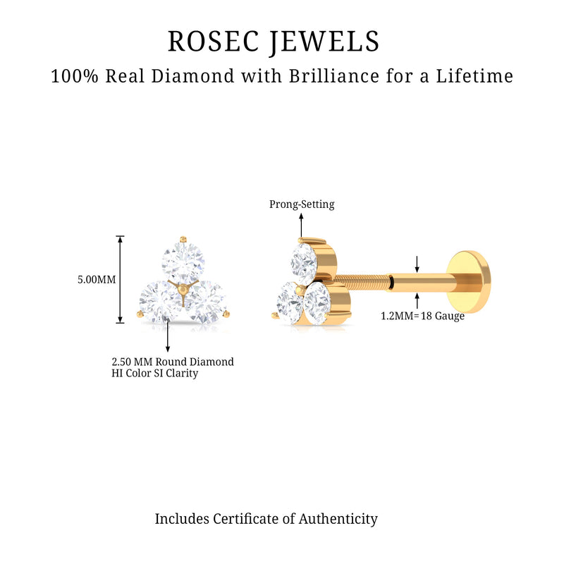 Dainty diamond trio helix piercing earring by Rosec Jewels, delicate body jewelry with three sparkling diamonds for cartilage piercing.