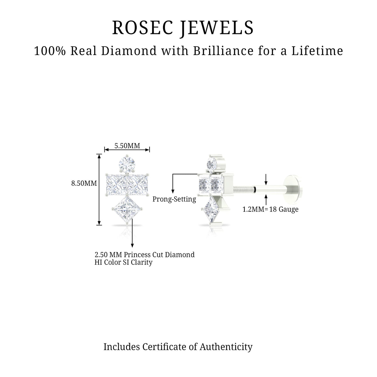 Princess Cut Diamond Helix Piercing Earring for Women