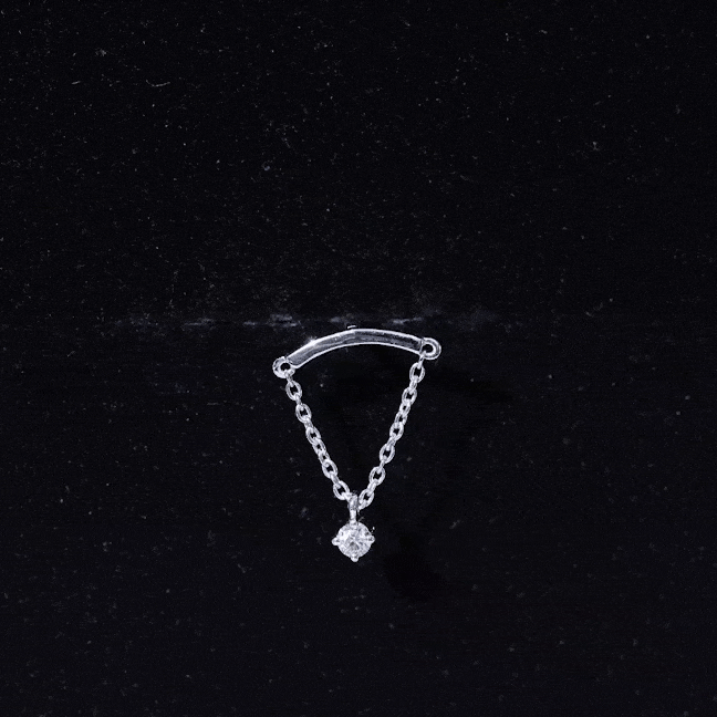 Yellow gold single diamond hidden helix earring with chain, body jewelry by Rosec Jewels featuring sparkling gemstone.