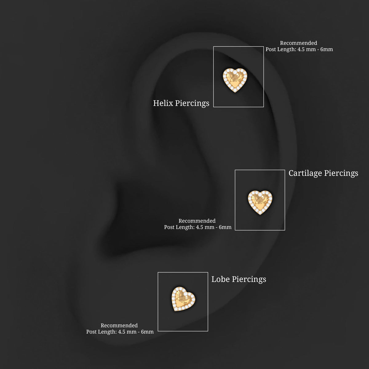 Cute Diamond Love Heart Earring for Helix Piercing