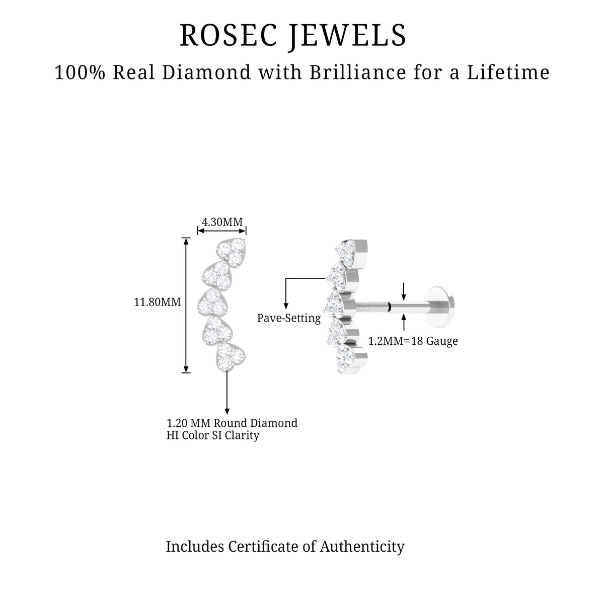 Diamond Heart Crawler Earring for Helix Piercing